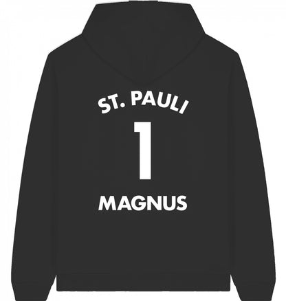 Schwarzer Magnus Carlsen Hoodie des FC St. Pauli Schach – Rückseite mit ST. PAULI, Nummer 1 und MAGNUS